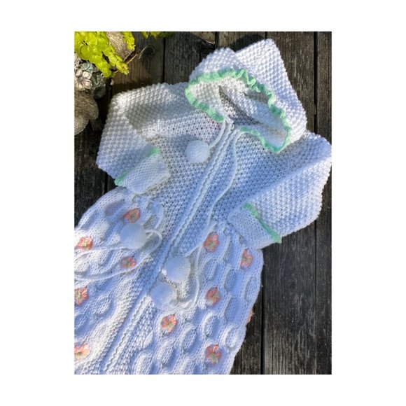 Vintage Hand Knit Sleep Sack Bunting Suit White Peach Floral Green Trim Hooded P - Picture 3 of 4
